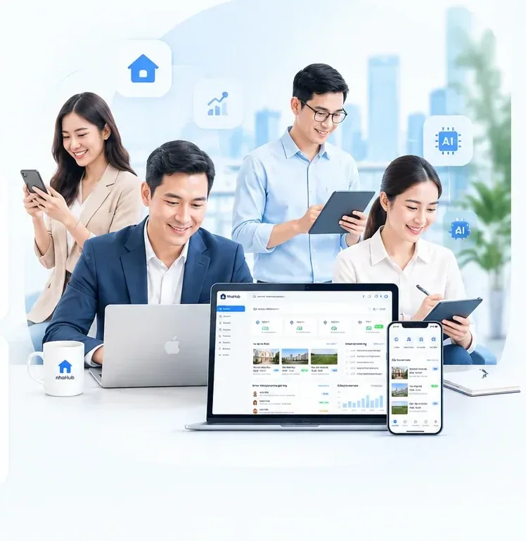 Minh họa những người làm bất động sản sử dụng công cụ số nhaHub trên máy tính và điện thoại