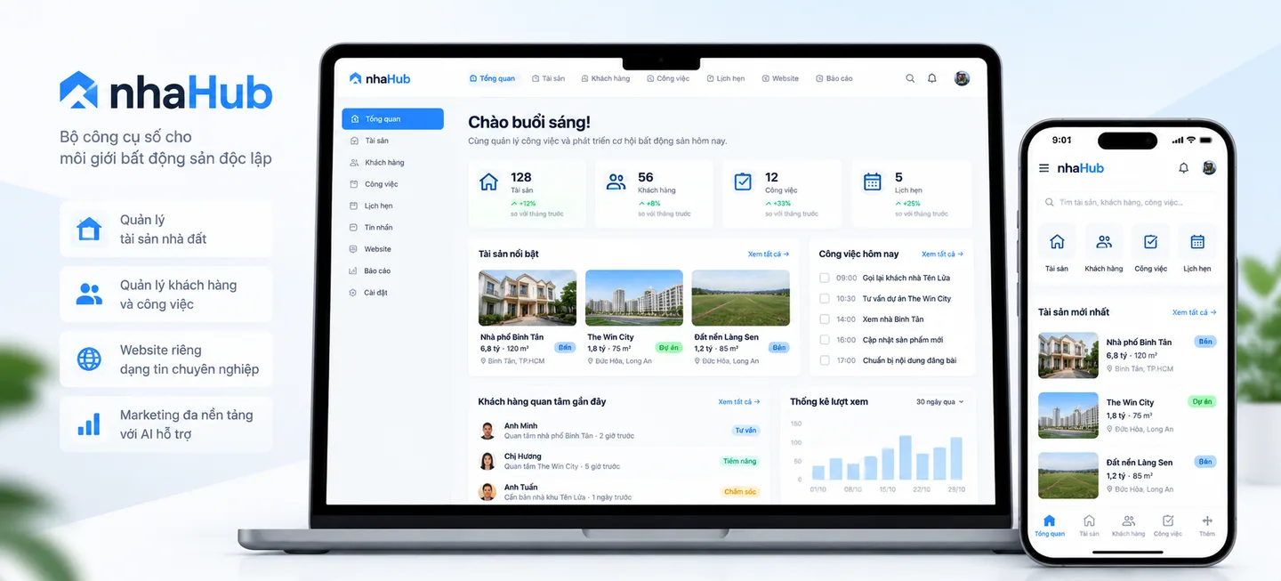 nhaHub – Minh họa bộ công cụ số quản lý bất động sản, website môi giới và hỗ trợ công việc trên máy tính, điện thoại